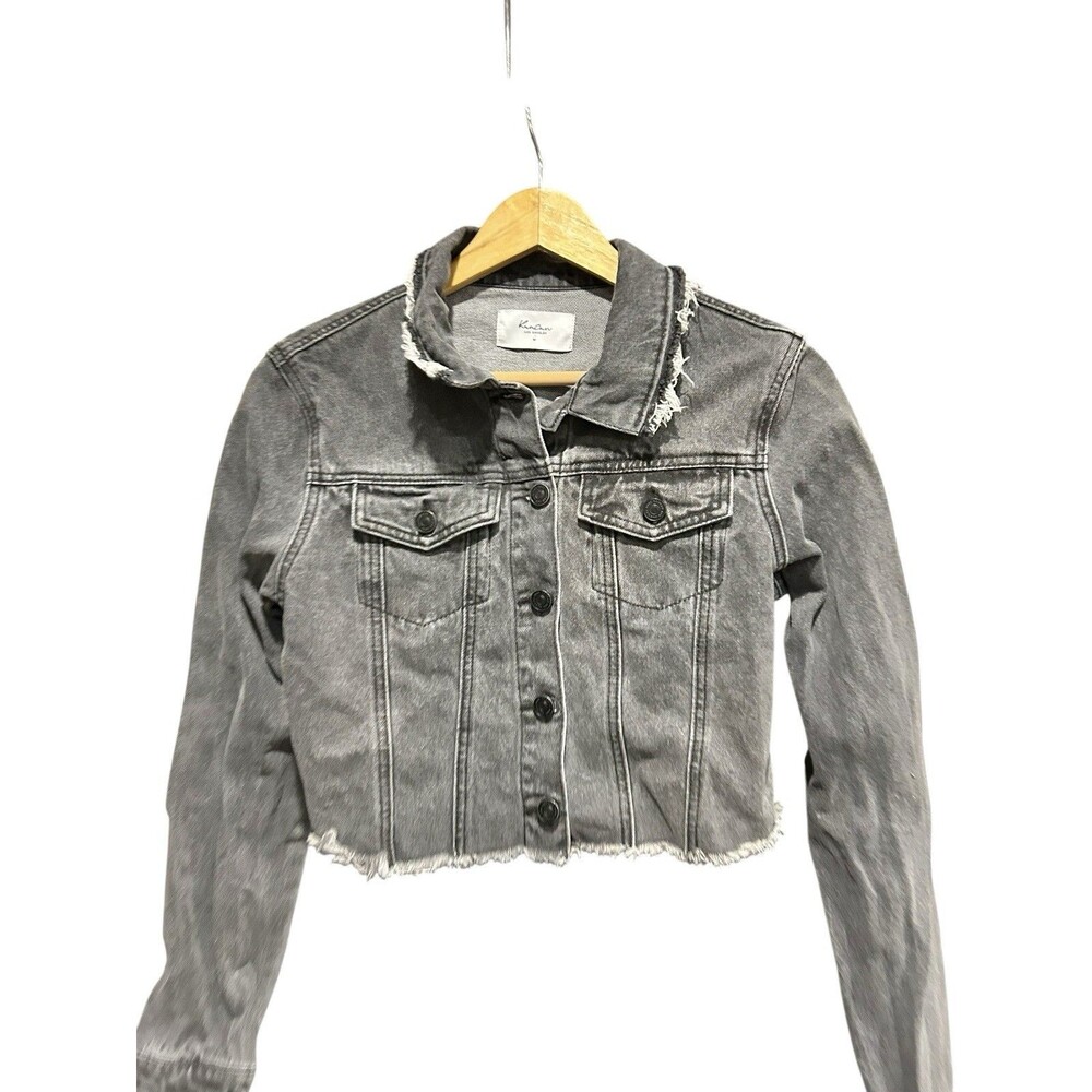 Kancan Denim Distressed Jean Jacket Black Medium Womens Frayed Button Down